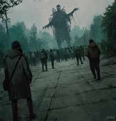 a group of people walking down a street next to a giant robot in the sky