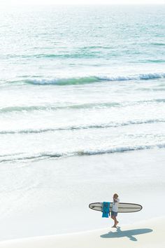 a person walking on the beach with a surfboard in their hand and water behind them