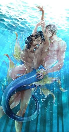 two mermaids in the water with their arms around each other