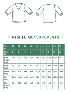 the finished measurements for this shirt is shown in green and white, with an image of the