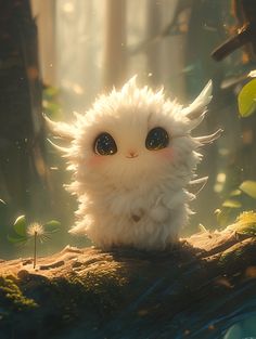 an adorable white kitten sitting on top of a tree branch in the forest with dandelions