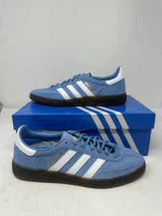 Adidas Handball Spezial Shoes 'Light Blue' BD7632 Men's Sizes New Sizes:  4.5Men's/6Wmns, 5Men's/6.5Wmns, 5.5Men's/7Wmns, 6Men's/7.5Wmns, 6.5Men's/8Wmns, 7.5Men's/9Wmns, 8Men's/9.5Wmns Condition: These are brand new with box. Never worn. Perfect Condition. Pet and smoke free home! Box Condition: BOXES MAY HAVE SOME DAMAGES DUE TO NATURAL SHIPPING AND STORAGE REASONS!  DAMAGE MAY INCLUDE THE FOLLOWING: - SLIGHT RIPS AND TEARS ALONG THE BOX - DENTS OR SLIGHT BOX DEFORMITY - SLIGHT CUTS/SLITS FROM OPENING THE PACKAGE SHOES WILL ALWAYS BE IN PERFECT CONDITION REGARDLESS OF BOX CONDITION. ANY ISSUES OR IMPERFECTIONS WITH THE SHOE ITSELF WILL BE DISCLOSED IN THE LISTING AND WILL NOT BE HIDDEN FROM CUSTOMERS! Blue Tennis Sneakers With Round Toe, Blue Round Toe Tennis Sneakers, Blue Casual Tennis Sneakers, Casual Blue Sneakers For Tennis, Spezial Shoes, Adidas Handball Spezial, Adidas Handball, Pretty Shoes Sneakers, Adidas Spezial