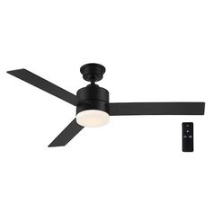 a black ceiling fan with a light on it and remote control in front of it