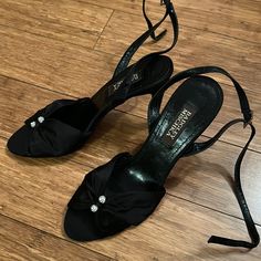 Badgley Mischka Black Satin Heels With Rhinestone Detail Black Satin Heels, Badgley Mischka Shoes, Satin Heels, Badgley Mischka, Black Satin, Black Heels, Shoes Women Heels, Shoes Heels, Satin