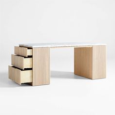 an office desk with three drawers on each side