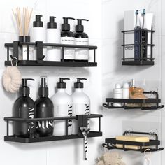 three shelves with soaps, lotions and other items on them in a bathroom