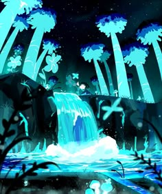 a waterfall in the middle of a forest filled with lots of blue flowers and trees