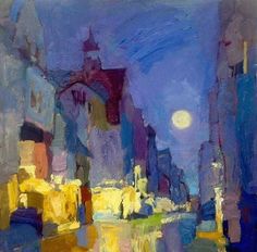 an oil painting of cityscape at night