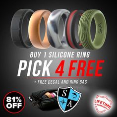 an advertisement for a ring sale with five different colored rings and one black bag on the side