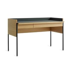 an office desk with a black top and two drawers on one side, in front of a white background