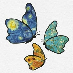 three butterflies painted in blue, yellow and green with the same painting on them's wings