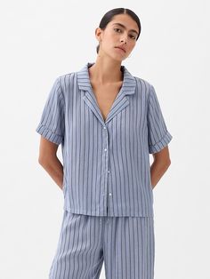 Satin PJ Shirt Gap Pajamas, Rich Girl Fashion, Satin Pajama, Satin Pajamas, Notch Collar, Pajama Top, Fashion Poses, Christmas List, Blue Stripes