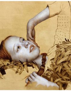 a painting of a woman with freckles on her face laying down in hay