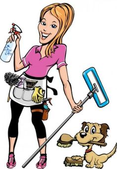 a woman is cleaning the floor with her dog