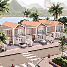 an artist's rendering of a three - story town with palm trees in the foreground