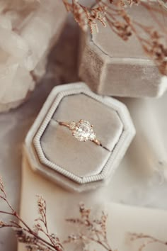 an engagement ring sitting on top of a box next to some dried plants and flowers