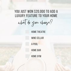 a person laying on the ground with their feet up and text that reads, you just won $ 20, 000 to add a luxury feature to your home what do you chase?