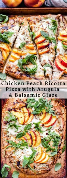 chicken peach ricotta pizza with spinach and balsamic cheese is shown in two separate pans