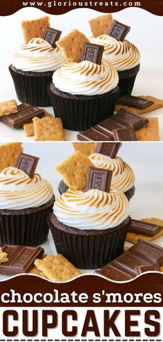 Chocolate S’mores Cupcakes, chocolate desserts, holiday desserts S'mores Cupcakes Marshmallow Frosting, Chocolate Smores Cupcakes, Smores Cupcakes Marshmallow Filled, Cupcake Recipes Smores, Mini Smores Cupcakes, Campfire Cupcakes Camping Birthday, Smore Cupcakes Recipe, S’mores Cupcakes With Marshmallow Frosting, S’more Cake Recipe