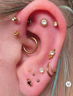 an ear with several different types of piercings on it's side and the top part of its ear