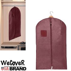 a red garment bag hanging on a coat rack next to a white wall with the words welovr brand