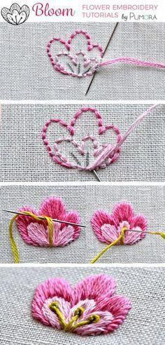 four pictures showing how to make flower embroiders with yarn and thread on linen