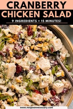 a bowl full of chicken salad with text overlay that reads cranberry chicken salad 9 ingredients + 15 minutes