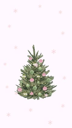 a small christmas tree with pink and green ornaments on it's branches, surrounded by snowflakes