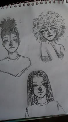 three drawings of people with different hair styles