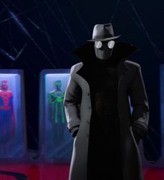 a man in a trench coat and hat standing next to two spider - man figures