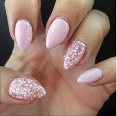 Glitter and pink polish is the perfect combo for a Spring mani! {: @rsteen17} #MarilynMonroeSpas #MMSMillsPark #MarilynMani Pink Glitter Almond Nails Sparkle, Almond Nails Designs Pink Sparkle, Classy Spring Nails Almond Pink, Pink Nail Ideas Almond Shape, Pink January Nails, Elegant Almond Nails Classy Pink, Pink Almond Nails With Glitter, Glitter Ombre Nails Almond, Short Pointy Nails Almond