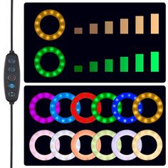 an array of different colored lights and remote controls on a black background with the same color