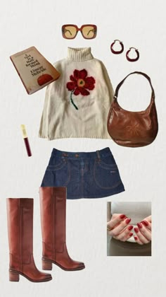 70s cozy fall fit 🍎 #vibes #ootd #boots #red #floral #fall #fallaesthetic #autumn #books Ootd Boots, Autumn Books, 70s Outfits, Fall Fit, I'm With The Band, Fall Fits