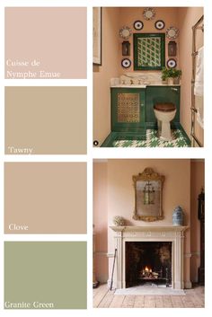 the color scheme for this living room is peach and green, while the other colors are brown