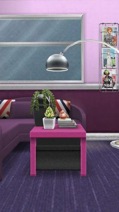 a living room with purple walls and furniture