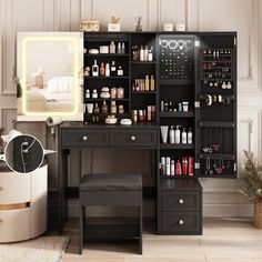 a black vanity with lots of bottles on it and a stool in front of the mirror