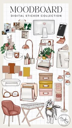 Home office moodboard planner and vision board clipart bundle