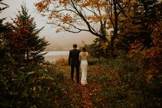 a bride and groom are walking through the woods on a foggy day in autumn