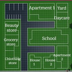 an aerial view of a soccer field with the words apartment 1 yard daycare grocery store shopping