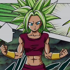 an image of a woman with green hair and no shirt on, standing in front of a