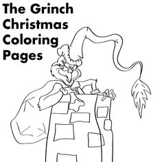 the grin's christmas coloring pages is shown in black and white, with text that reads