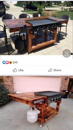 an outdoor table made out of pallet wood and gas tanks is shown in two different photos