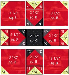 four different sizes of red and black squares with numbers on them, all in the same pattern