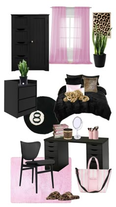 a black and pink bedroom with leopard print rugs, bedding, desk, chair, mirror, potted houseplant