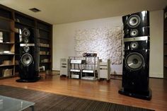 there are speakers in the living room with bookshelves