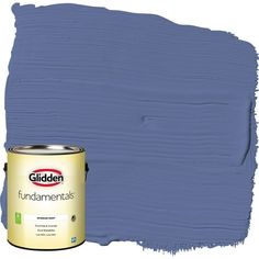 a blue paint with the words glidden on it and a can of paint next to it