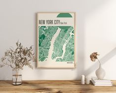 a poster on the wall shows new york city as well as other things in vases