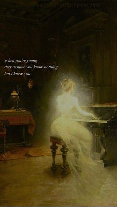 a painting of a woman in a white dress sitting at a piano with a man standing behind her