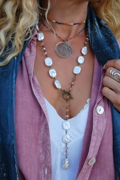 The Penelope Pearl Toggle Necklace – Spirited Boutiques Beaded Necklace With Pendant, Sundance Necklace, Unique Jewelry Inspiration, Lariat Necklaces, Statement Jewelry Necklace, Coin Pearl Necklace, Layering Style, Bohemian Style Clothing, Interchangeable Jewelry