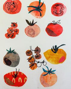 an art project made with children's drawings of fruits and vegetables on white paper